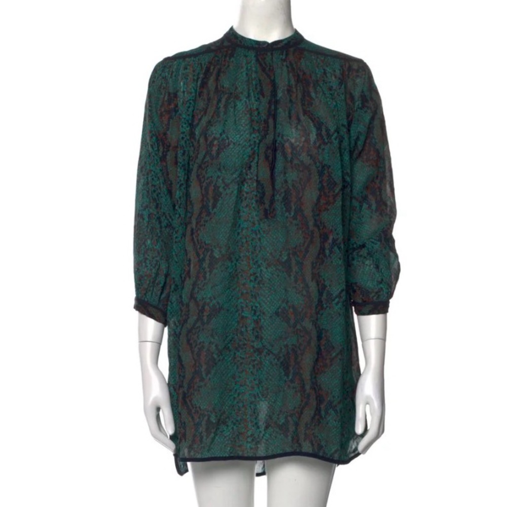 Rebecca Taylor Snake Print Tunic Mini Dress Size 2 Green Semi Sheer Short Sleeve